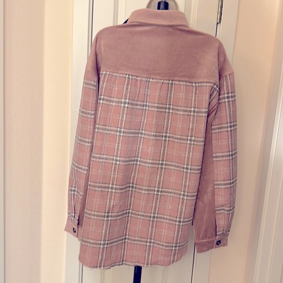 KGSB Collection Soft Flannel Plaid & Corduroy Mix Button Up Raw Hem Shirt Jacket - Picture 5 of 7